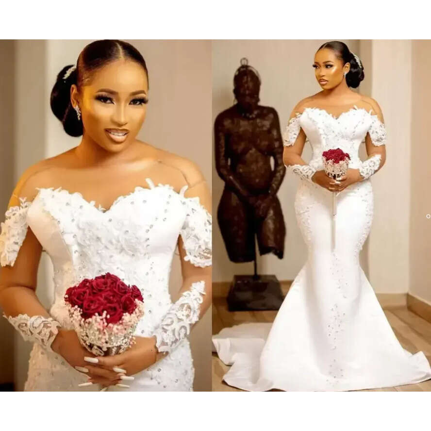 Size Arabic Plus 2022 Aso Ebi Mermaid Lace Beaded Wedding Dress Sheer Neck Long Sleeves Satin Sexy Vintage Bridal Dresses Gowns Asdf es