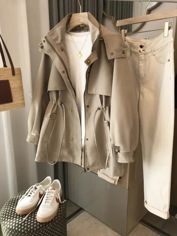 Womens khaki hooded trench coat autumn short style womens trench coat modern fashion womens trench coat 240927