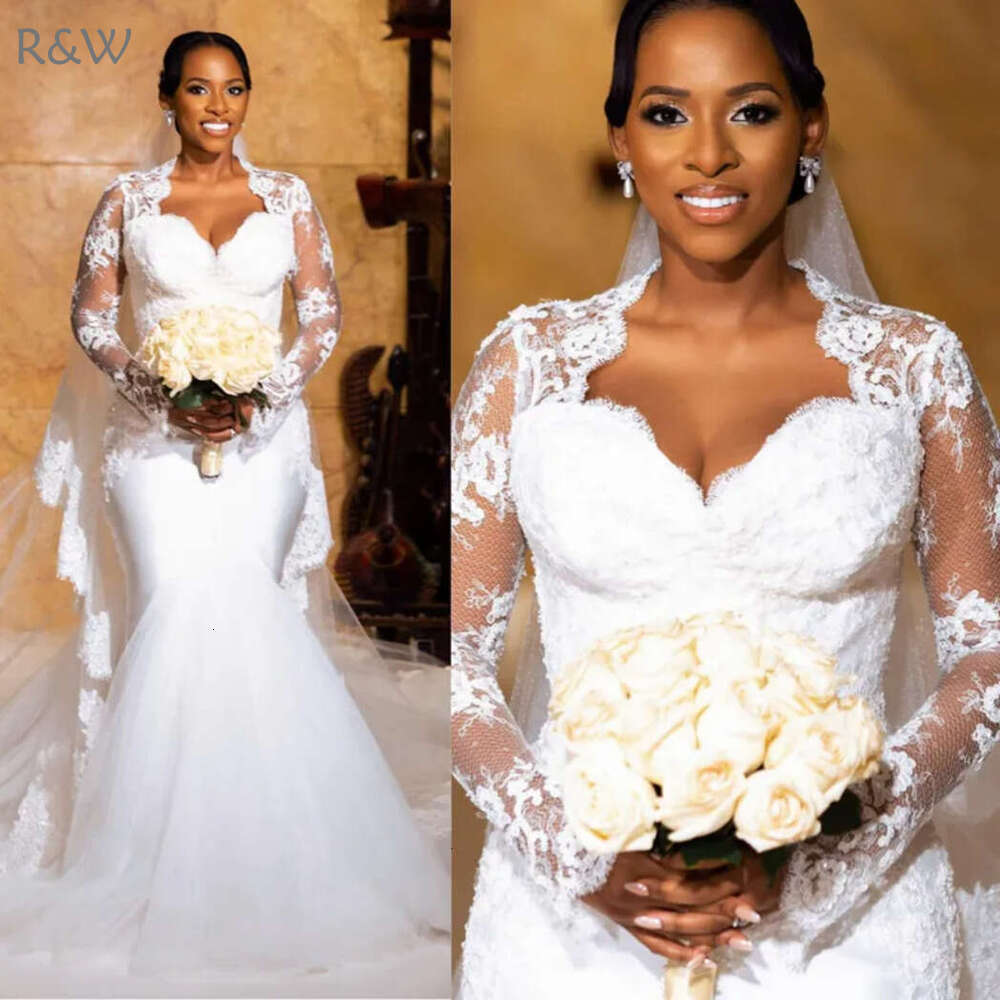 R&W 2024 African Arabic Aso Ebi Wedding Dresses Long Sleeves Elegant Illusion Lace Beaded Mermaid Bridal Gowns for Bride Gorgeous Tiered Tulle Dress D