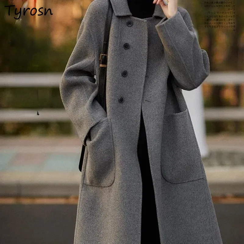 Long Blend Wool Coat Elegant Office Lady Warm Autumn Winter Cozy Simple Loose Fashion Pockets Streetwear 240930
