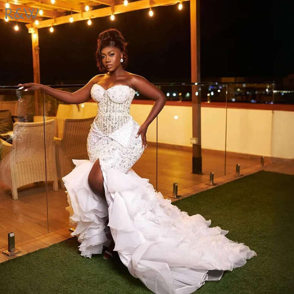 R&W 2024 Plus Size Dresses Bridal Bride Mermaid Sweetheart Necke Illusion Beaded Lace Sexy Split Pleated Ruffles Wedding Gowns for Marriage D254