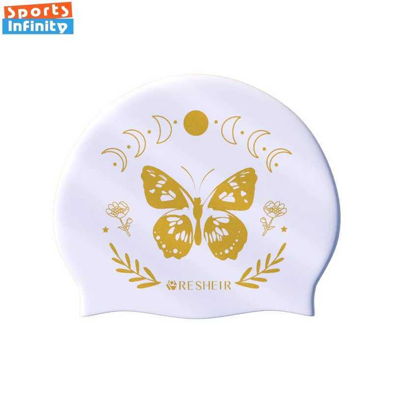 Printed silicone womens swimming cap waterproof womens long hair exclusive enhanced swimming cap accessories CL241009