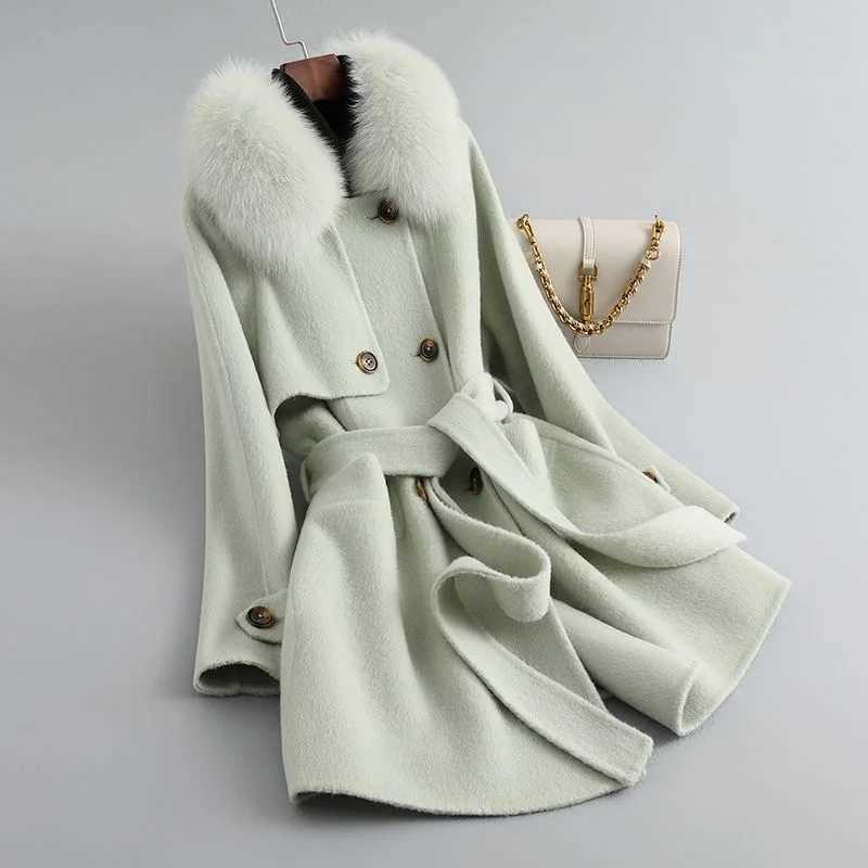 Womens Belted Real Wool Coat With Detachable Real Fox Fur Collar Fashion Autumn Winter Wool CoatX241009