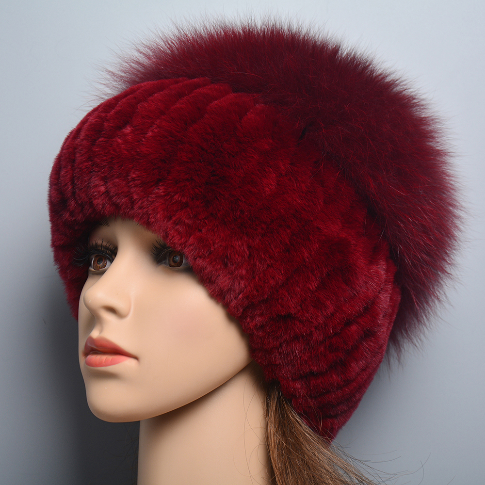 Russia Lady Winter Real Women Warm Knitted Genuine Hat Top Natural Fox Bomber Caps Rex Rabbit Fur Cap