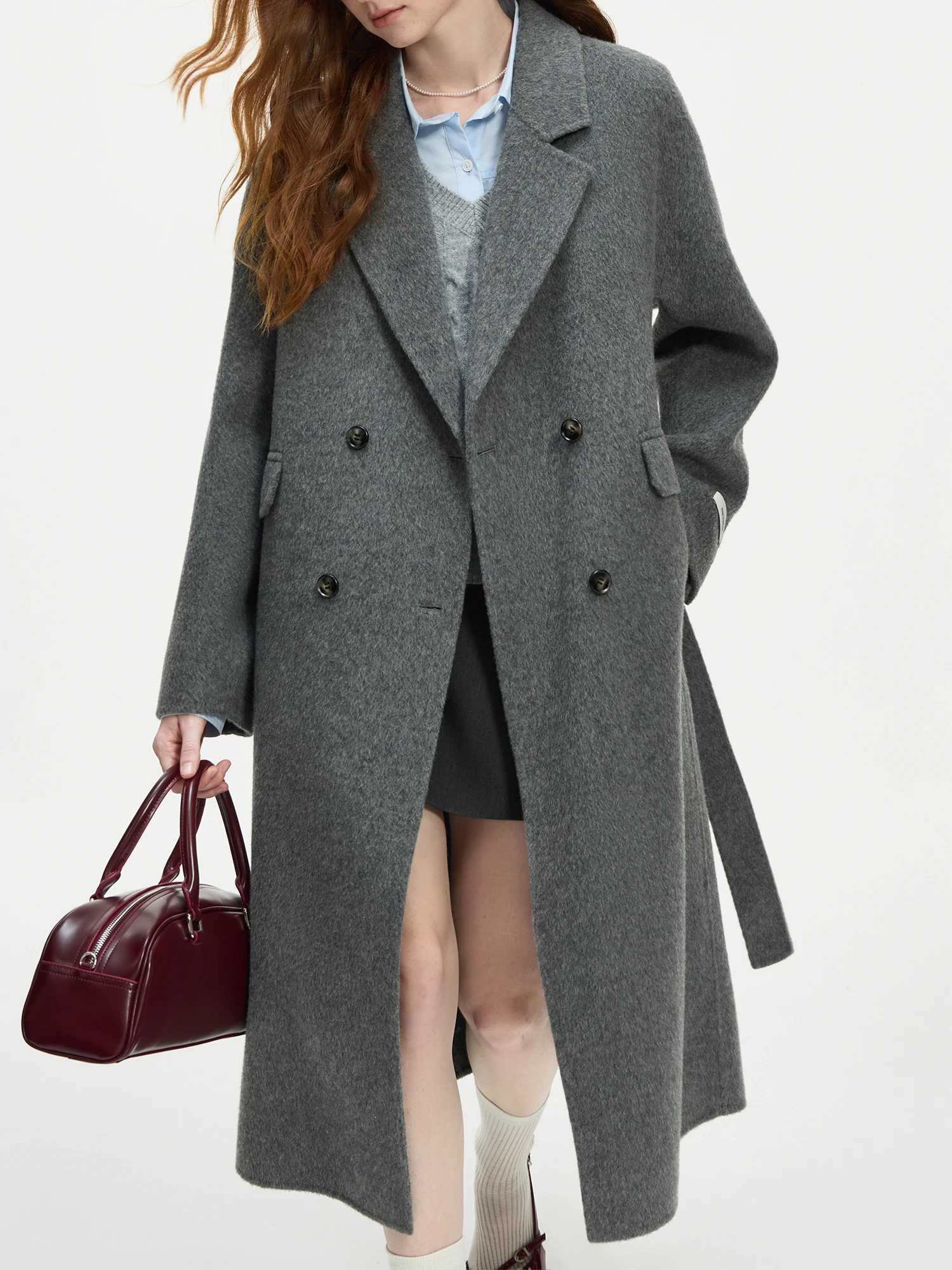 FSLE4 ColorsWomen 100% Wool Coats Long Temperament Brown Female Double Breasted Woolen Jackets With Sashes 24FS14228X241009