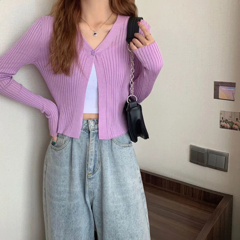 Xpqbb Knitted Cardigan for Women Korean Chic Single Buckle Cropped Cardigans Woman Autumn Ribbed Long Sleeve Vneck Sweater Coat 241007