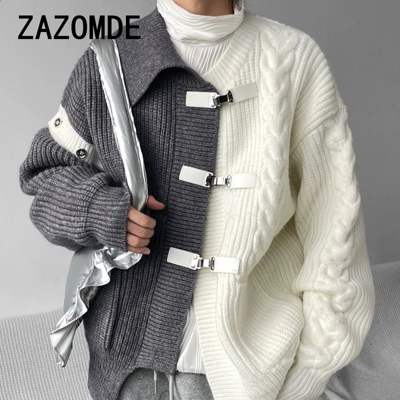 ZAZOMDE Fashion Knitted Long Sleeve Sweater with Loose Splicing Open Hemp Metal Button Knitted Coat Fashionable Mens Knitted 241007