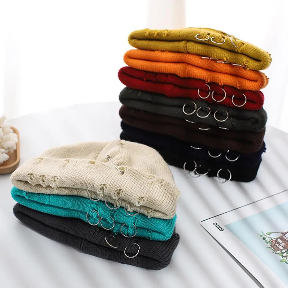 Solid color knitted hat hiphop tear warm wool yarn autumn womens beanie flange gold ring skull 241009