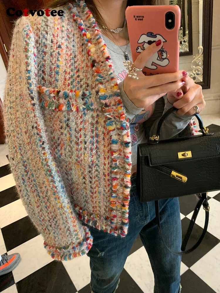 Cotvotee Rainbow Wool Coat Women 2024 Spring Autumn Fashion Long Sleeve Jackets Vintage V Neck Open Stitch Casual Chic Coats 240930