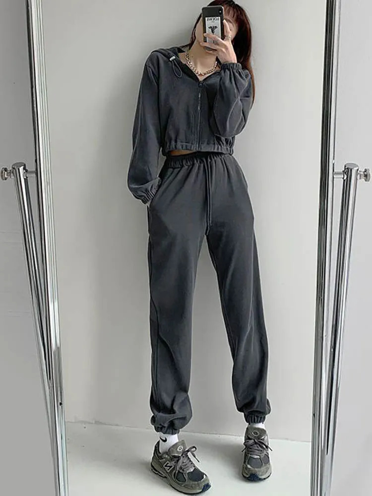 Badypczd womens sportswear waffle casual hooded zipper jacket loose wide leg jogging pants Korean twopiece set clothing 241007