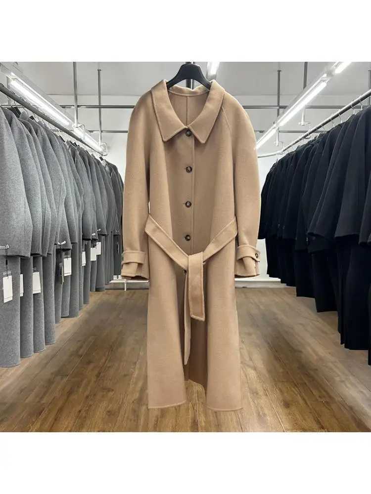 Korean Style Office Lady Woolen Jackets 2024 Autumn And Winter Lapel Single Breasted Loose Lace Up Long Womens Wool CoatsX241009