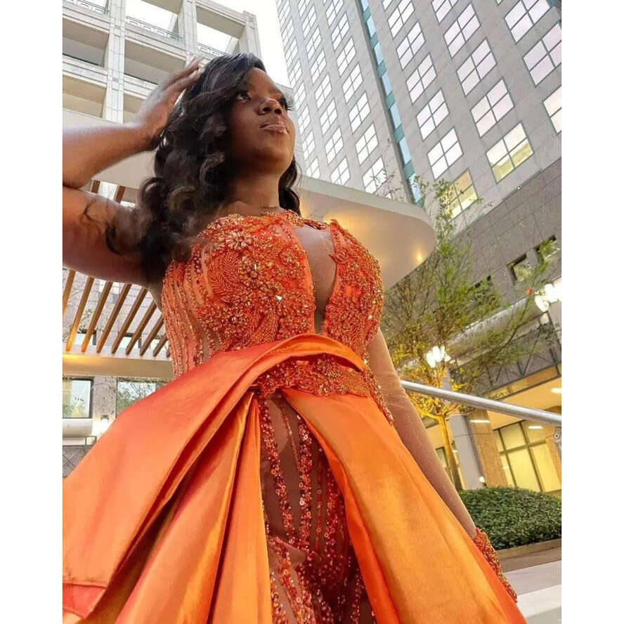 Prom Jumpsuits Orange Beaded Dresses Sequined One Shoulder Necke Overskirt Evening Gowns Appliqued Sweep Train Special Ocn Formal Wear Plus Size