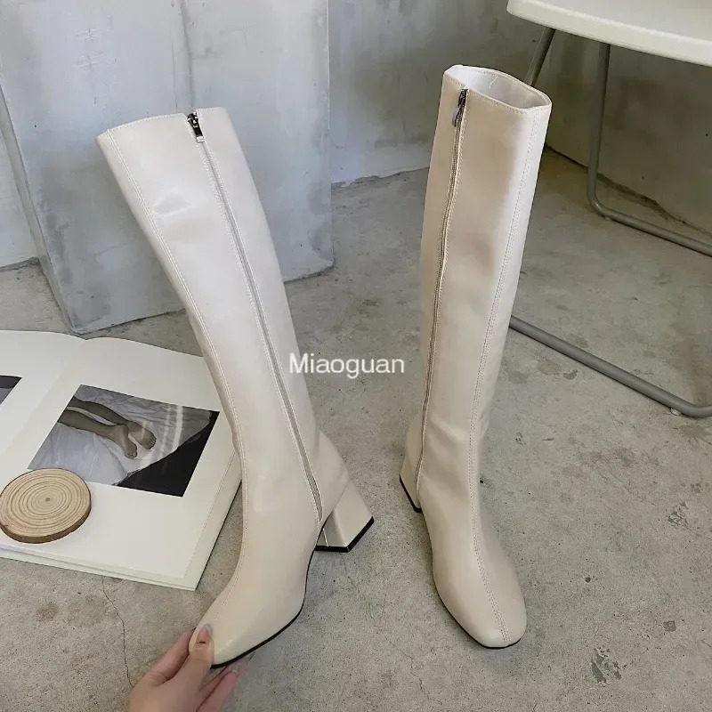 Womens Warm Boots Womens Knee High Boots Womens Shoe Platforms Thick Boots PU Leather Soft Zipper Womens Fashion Winter 241007