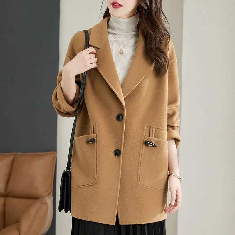 Blends Coat Women Wool Jacket Vintage Turn Down Collar Pockets Spliced Long Outwear Button Elegant Thick Autumn WinterX241009