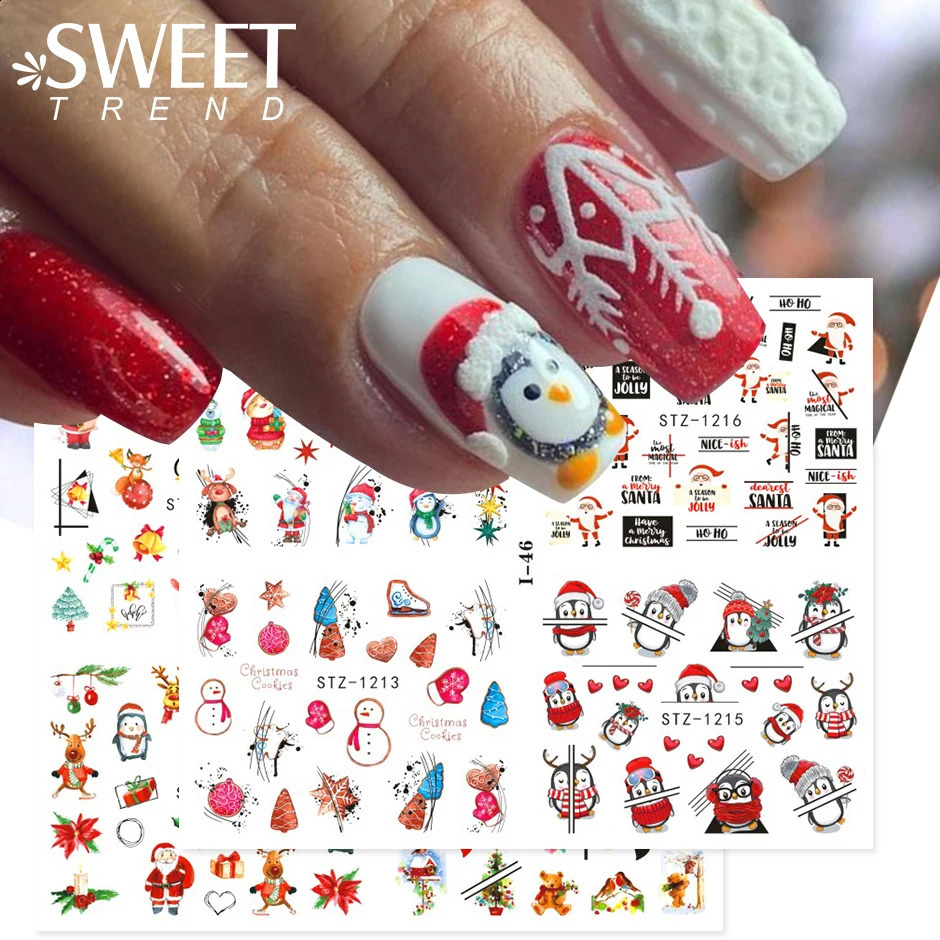Cute Christmas Stickers Red Santa Claus Winter Human Model 4-in-1 Christmas Snowflake Leaves Waternail Stickers Tattoo DIY Decoration 241008