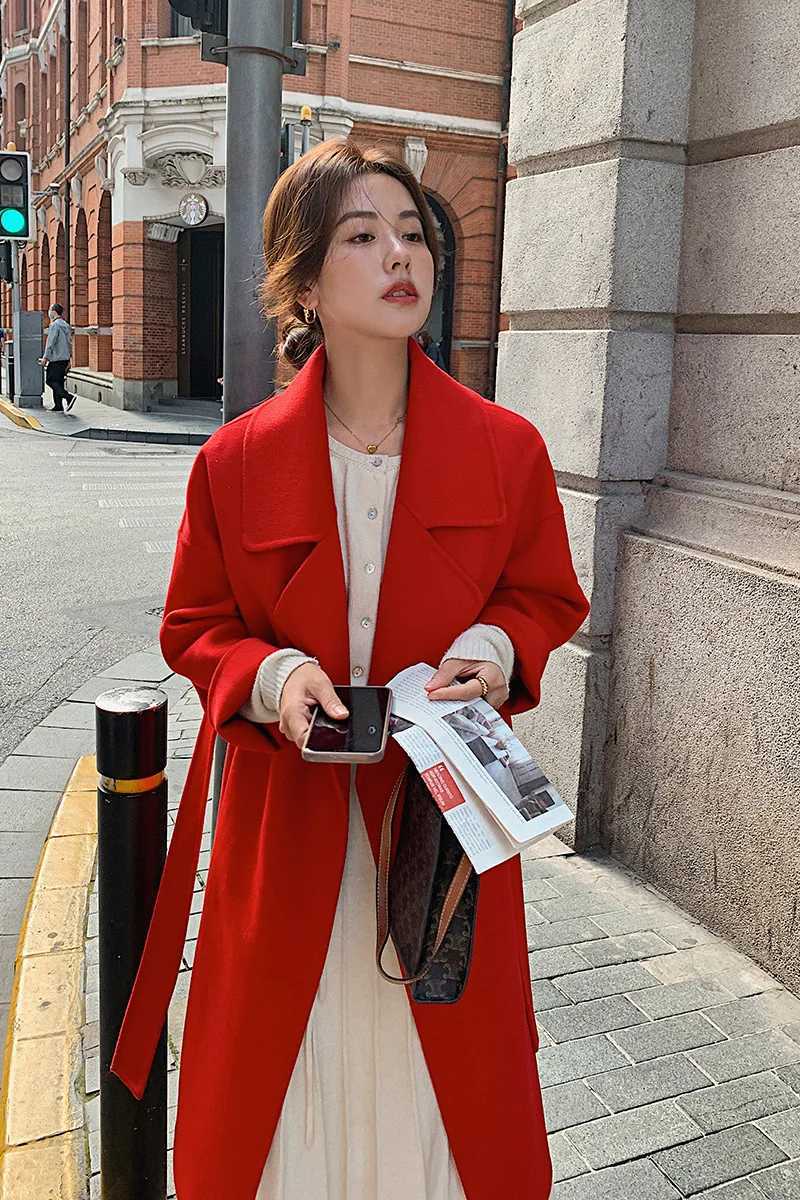 2024 New Autumn And Winter Womens Coat 100% Merino Wool Lapel Tie Commuting Classic Retro Loose Mid-Length CoatX241009