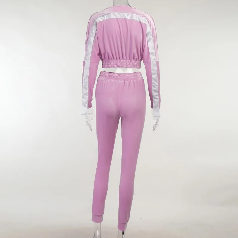 Womens 2piece Velvet Dress Autumn Side Striped Running Set Sportswear Long Sleeve Wrap Vneck Crop TopSports Pants 241007