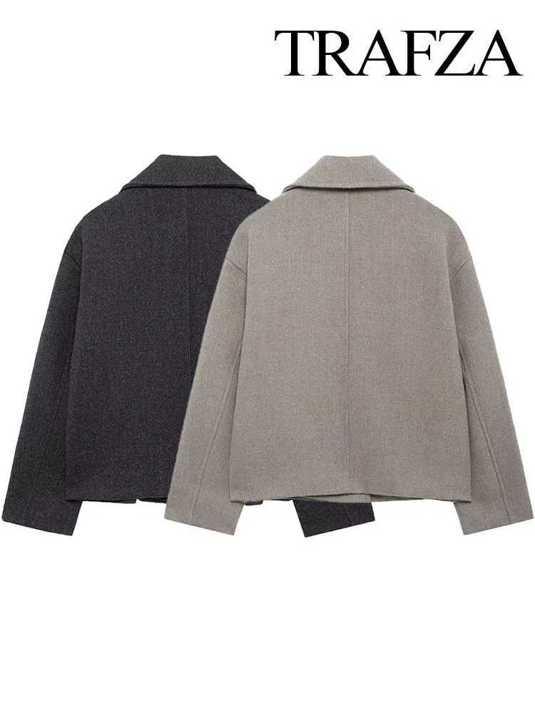 TRAFZA Womens Winter Casual Warm Coat Solid Turn-Down Collar Long Sleeves Pockets Double Breasted Female Fashion Coats 2 ColorX241009