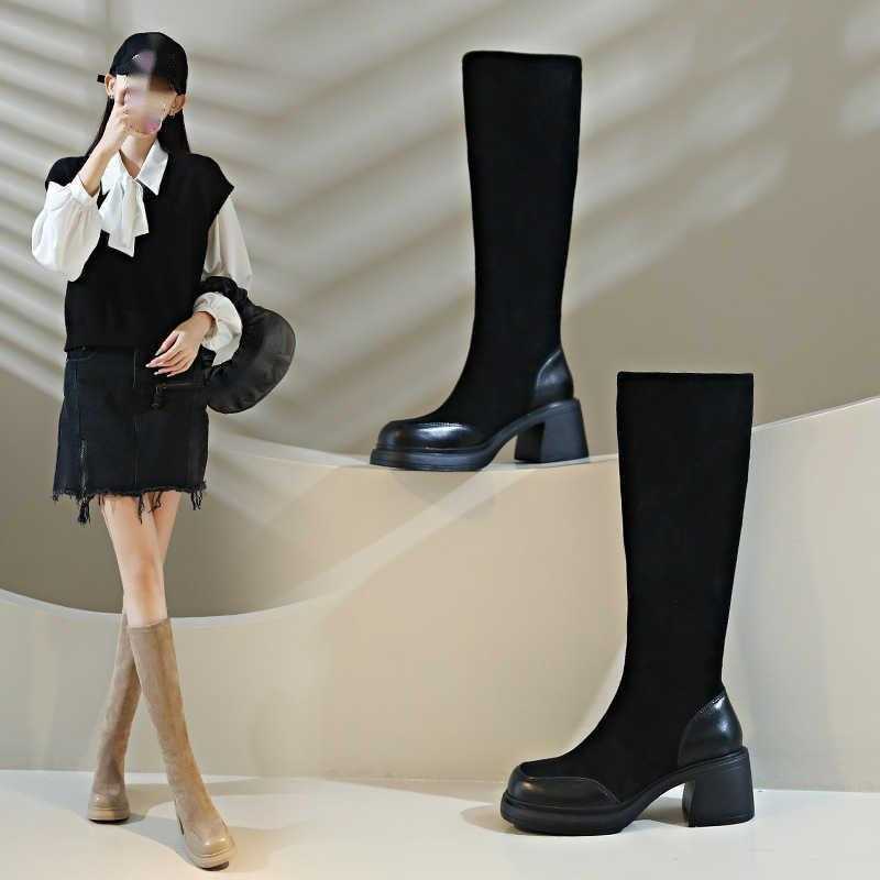 Thick Soled Long Tube Slim Martin Boots For Women Autumn New Style Fashion Boots Thick Heel High Tube Boots Look Slim Suede Elastic Long Tube Boots 24