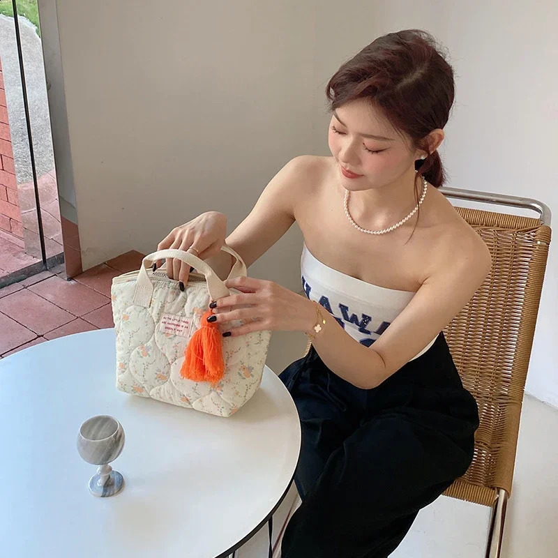 Quilted Insulated Lunch Bag Korean Small Tote Handbag for Women Kid Portable Children School Lunchbox Food Picnic Bags 240925