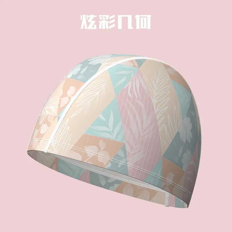 Adult printed fabric swimming cap womens waterproof earmuffs long hair swimming cap swimming pool accessories CL241009