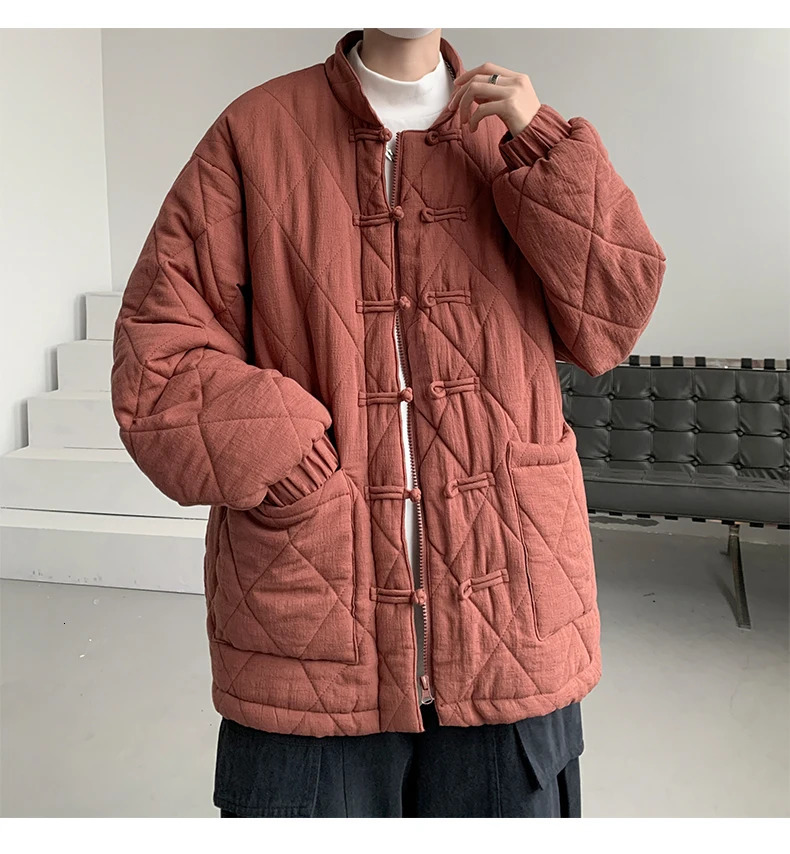 Chinese style mens winter jacket with cotton pads for warmth Tang style cotton shirt stand collar park jacket Plus size 8XL 241007