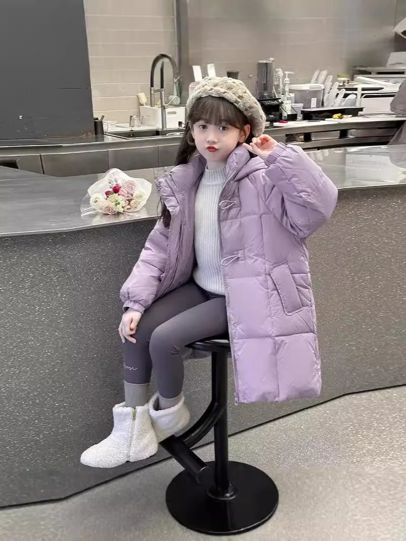 Winter Parkas warm cotton childrens jacket hooded solid jacket suitable for girls outerwear pink purple childrens clothing 5-12 years TR256 240927