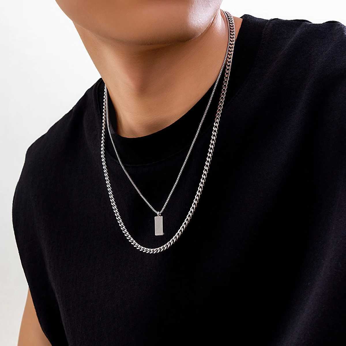 KunJoe 2pcs/set Rectangular Pendant Box Chain Necklace for Men Punk Silver Color Cuban Link Chain Choker Necklace Party W250318
