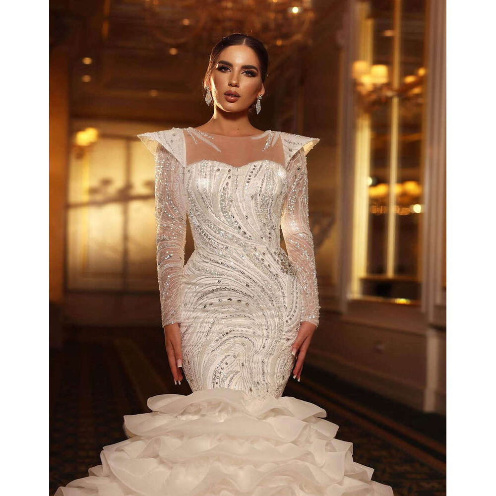 Gorgeous Wedding Dresses Mermaid O-Neck Crystals Beading Long Sleeve Princess Bridal Gown Vestido De Novia Customized 0228Lz