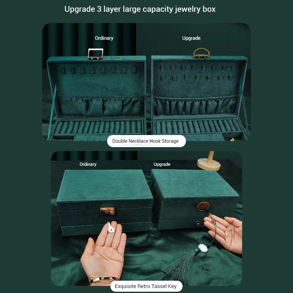 2024 3-layer Retro Style Velvet Jewelry Box Double Lock Storage Box Necklace Watch Earrings Jewelry Box Ring Box Gift Packaging 240924