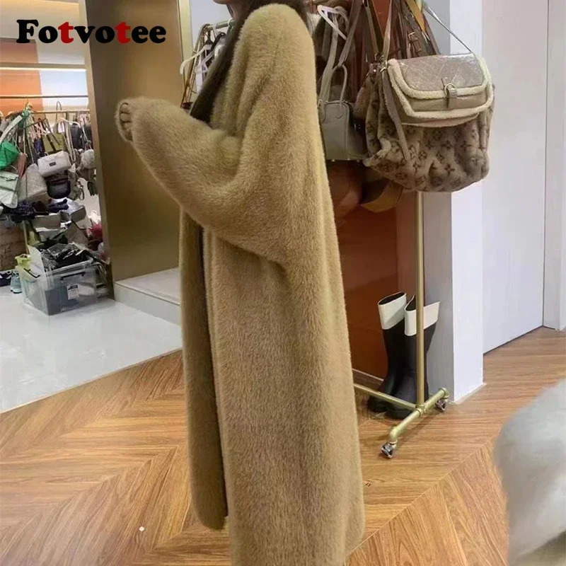 FOTVOTEE Womens Long Open Collar Woolen Sweater Fashion Casual Coat Autumn Sleeve Solid Loose 241007