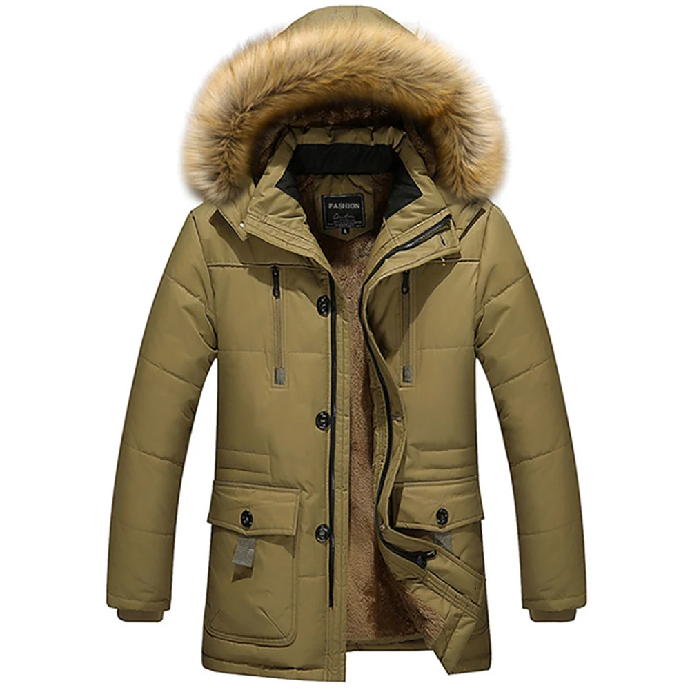 TRAF Winter Fashionable and Comfortable Mens Raccoon Collar Medium length Wool Plus Large Size Hooded Cotton padded Jacket 240929