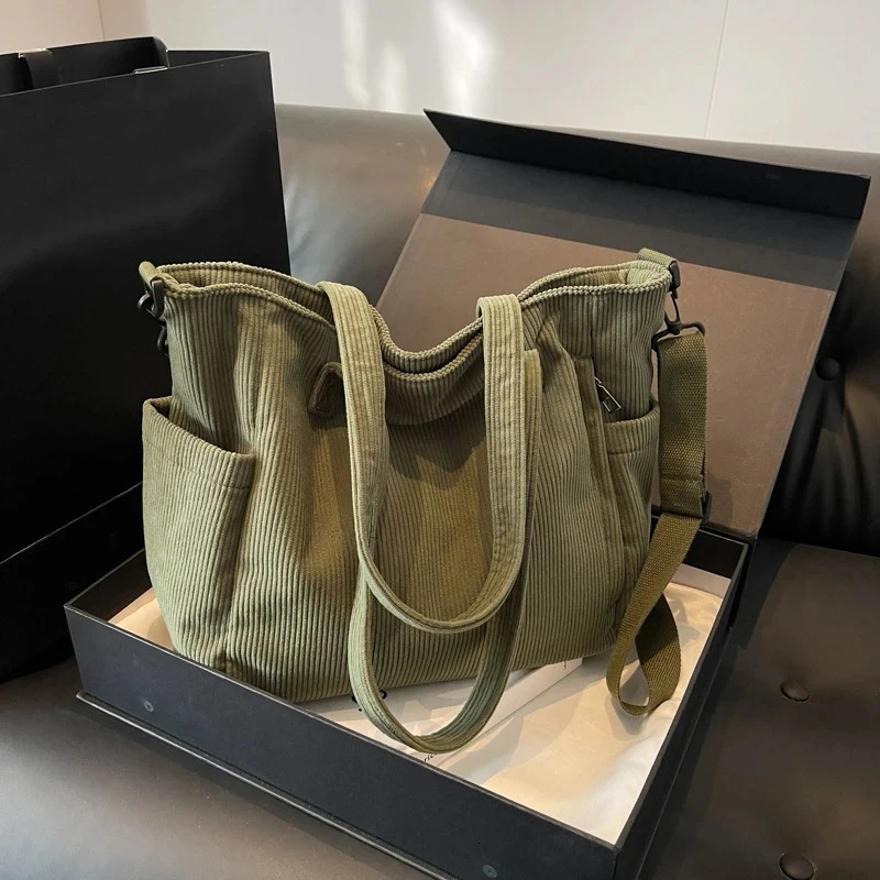 Solid color large capacity Commuting handbag simple style womens Corduroy shoulder bag fashionable striped velvet handbag 241008