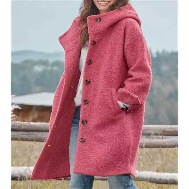 Women Long Sleeve Single Breasted Hooded Woolen Long Coat Women Solid Color Loose Cardigan Trench Coat Autumn Winter Woolen CoatX241009