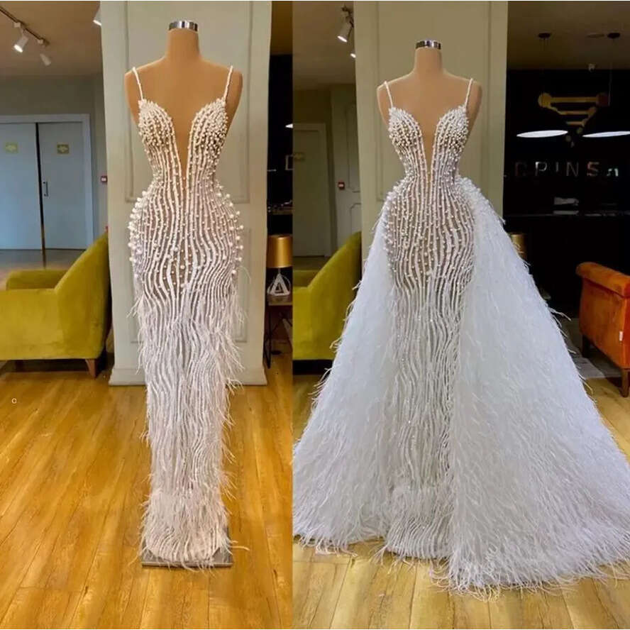 Ostrich Dresses Stock Wedding Feather Sheath Column Crystal Bead Bridal Gowns Rhie Beading Petites Plus Size Custom Made ing
