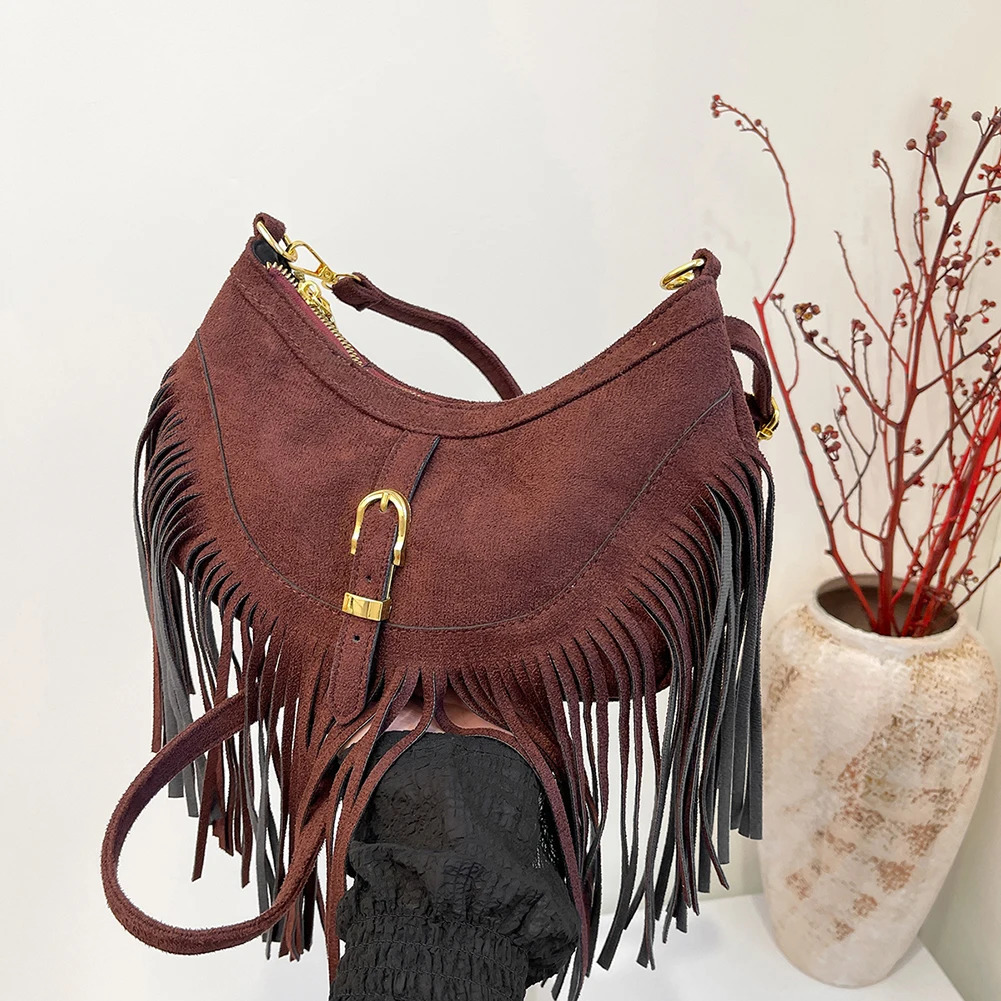 Edge Tramp Bag Adjustable Shoulder Straps Womens PU Leather Underarm Wallet Retro Cross Body Bag Tassel Wallet Travel Bag 241008