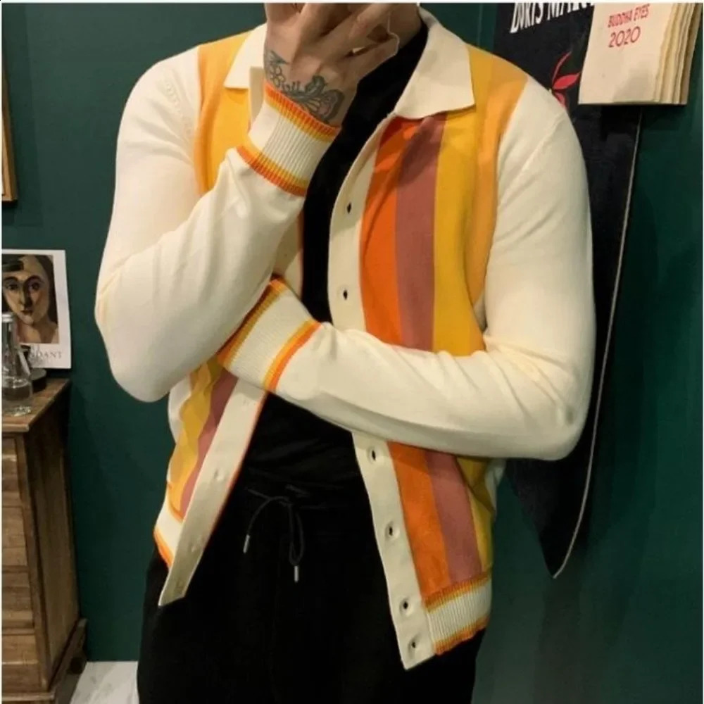 Mens casual rainbow sweater long sleeved Harajuku er skydiving Y2k high-quality jacket knitted retro knitted cardigan for men 241007