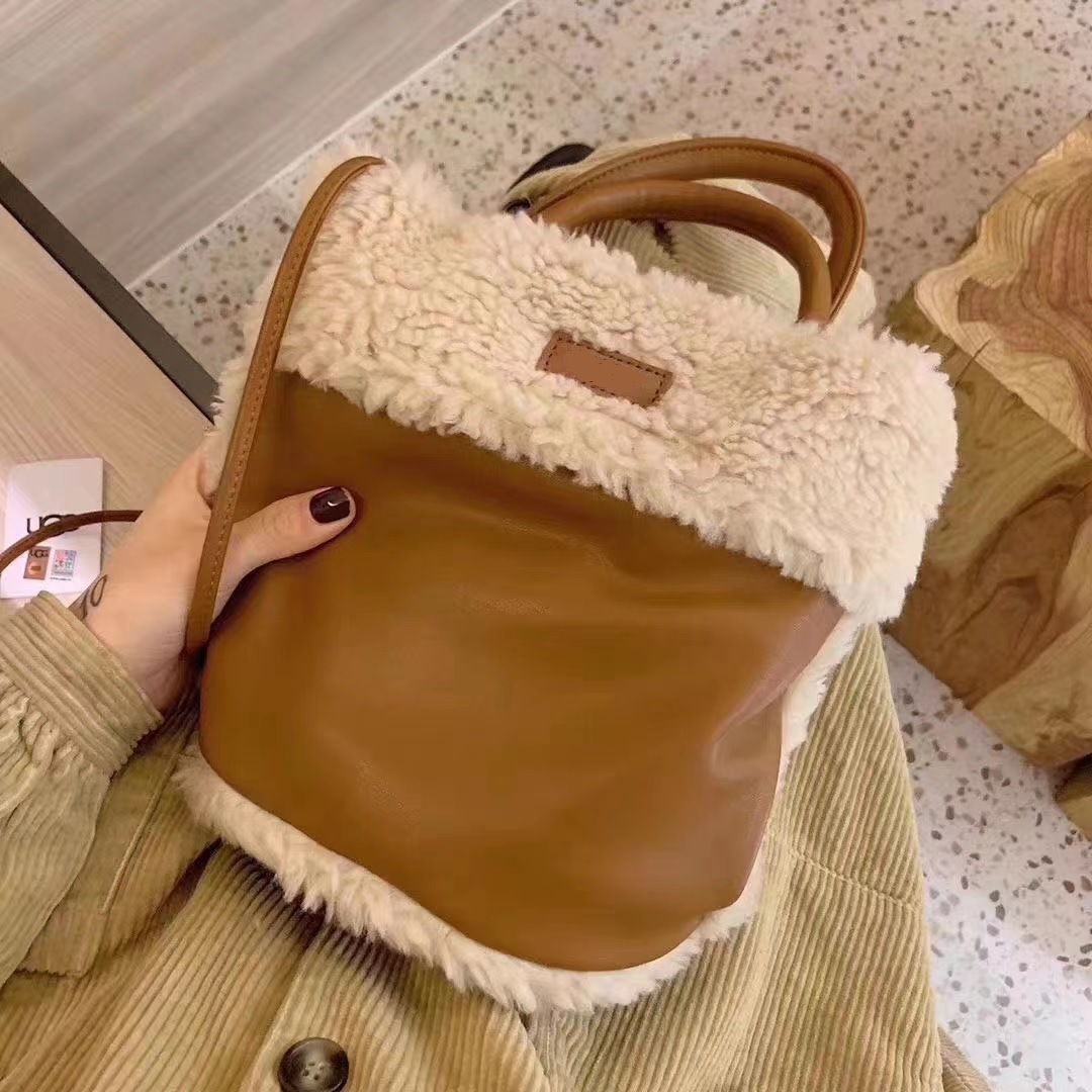 Women's bag winter new plush bucket bag lamb wool basket bag one shoulder crossbody handbag fur