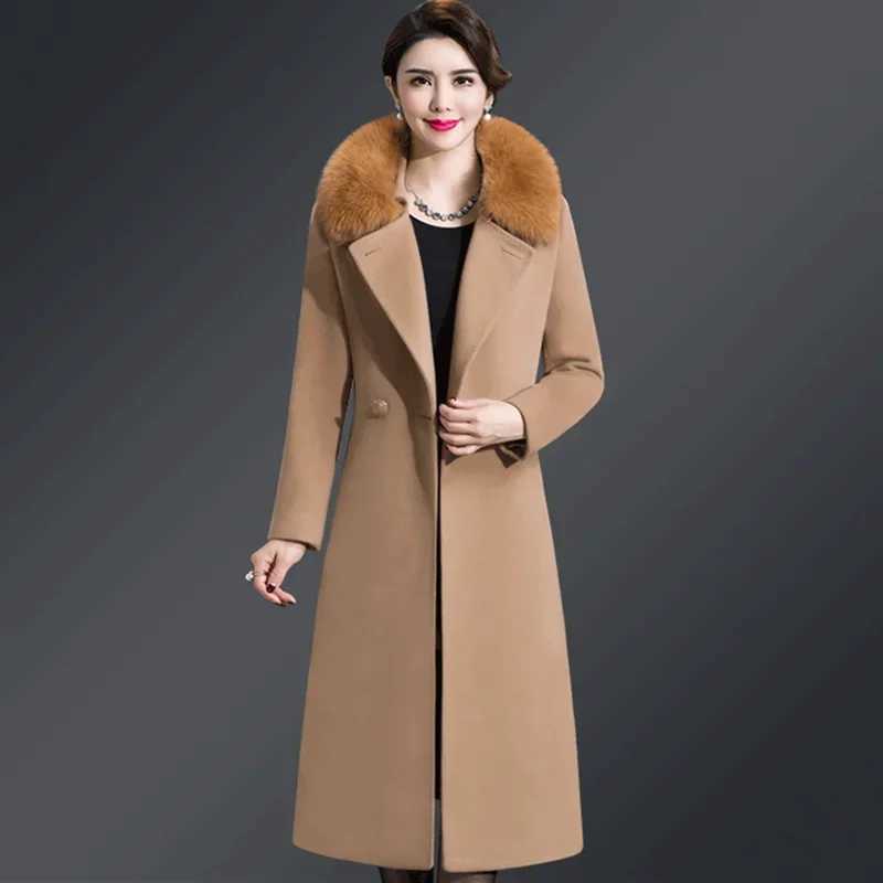 2023 New Winter Jacket Women Wool Coat Big Fur Collar Woolen Blend Coat Elegant Long Overcoat Outwear Manteau Femme HiverX241009