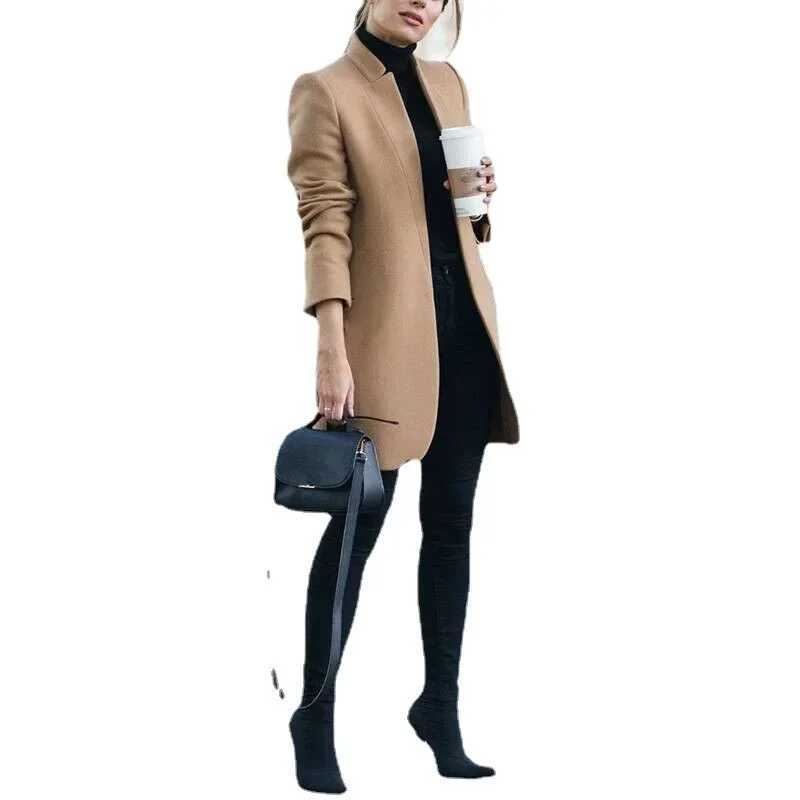 Elegant Woolen Coat for Women Long Sleeve Streetwear Fashion Jackets Solid Slim O Neck 2023 New Autumn Winter OvercoatX241009