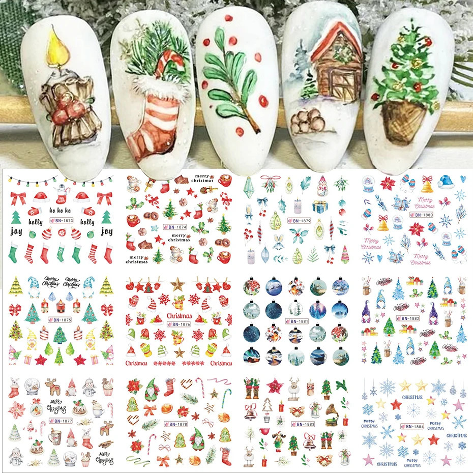 12 Christmas Happy Waternail Stickers Gonk Elk Cookie Snowflake Celebration Ball Sliders Winter Year Handmade Decorative Foil 241008