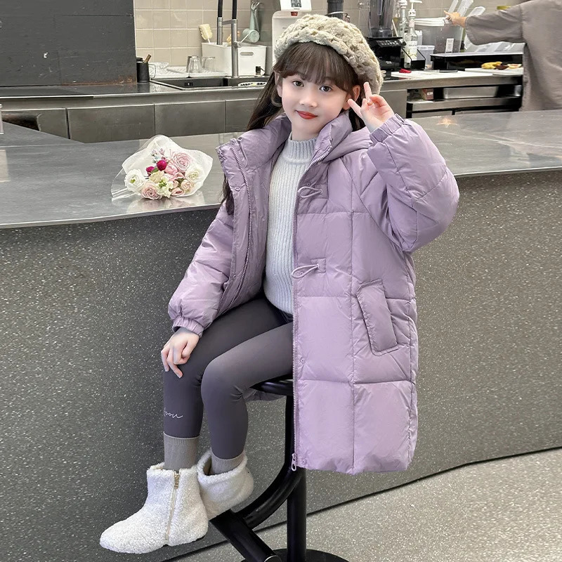 Winter Parkas warm cotton childrens jacket hooded solid jacket suitable for girls outerwear pink purple childrens clothing 5-12 years TR256 240927
