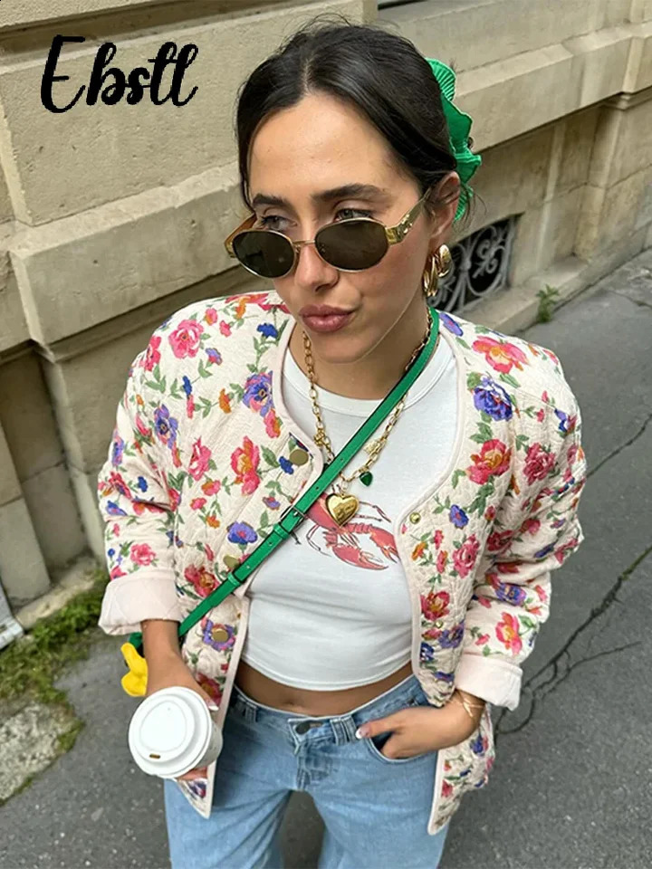 Fashion printed cotton jacket for women elegant O-neck single chest pocket jacket autumn womens casual top 241007