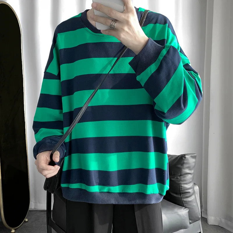 Spring Autumn Mens Fashion Striped Tshirt Youth Round Neck Long Sleeve Bottomed Shirts Pullover 241009