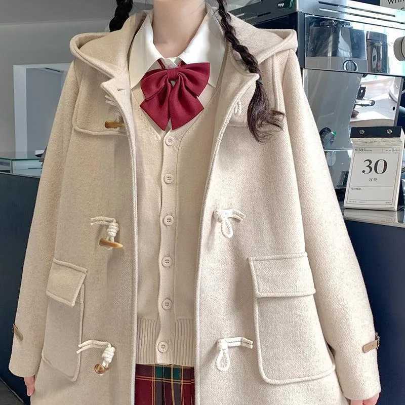 Womens 2023 Autumn/Winter New Japanese Thickened Woolen Coats Reduced Age Cow Horn Button Hooded Woolen Coats Womens ClothingX241009