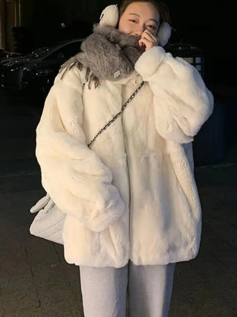 Plush jacket womens winter Rex rabbit fur medium long loose thick hooded womens jacket Ins 241007