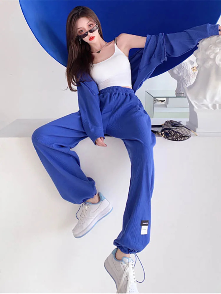 Badypczd womens sportswear waffle casual hooded zipper jacket loose wide leg jogging pants Korean twopiece set clothing 241007