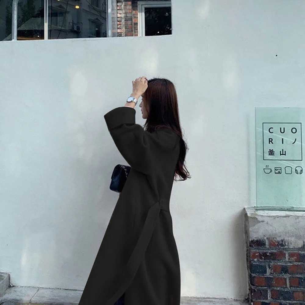 2023 Korean Style Women Long Woolen Blends Jacket Casual Cardigan Coats Fashion Autumn Overcoat Lady Wool Coat Warm Pink OutwearX241009