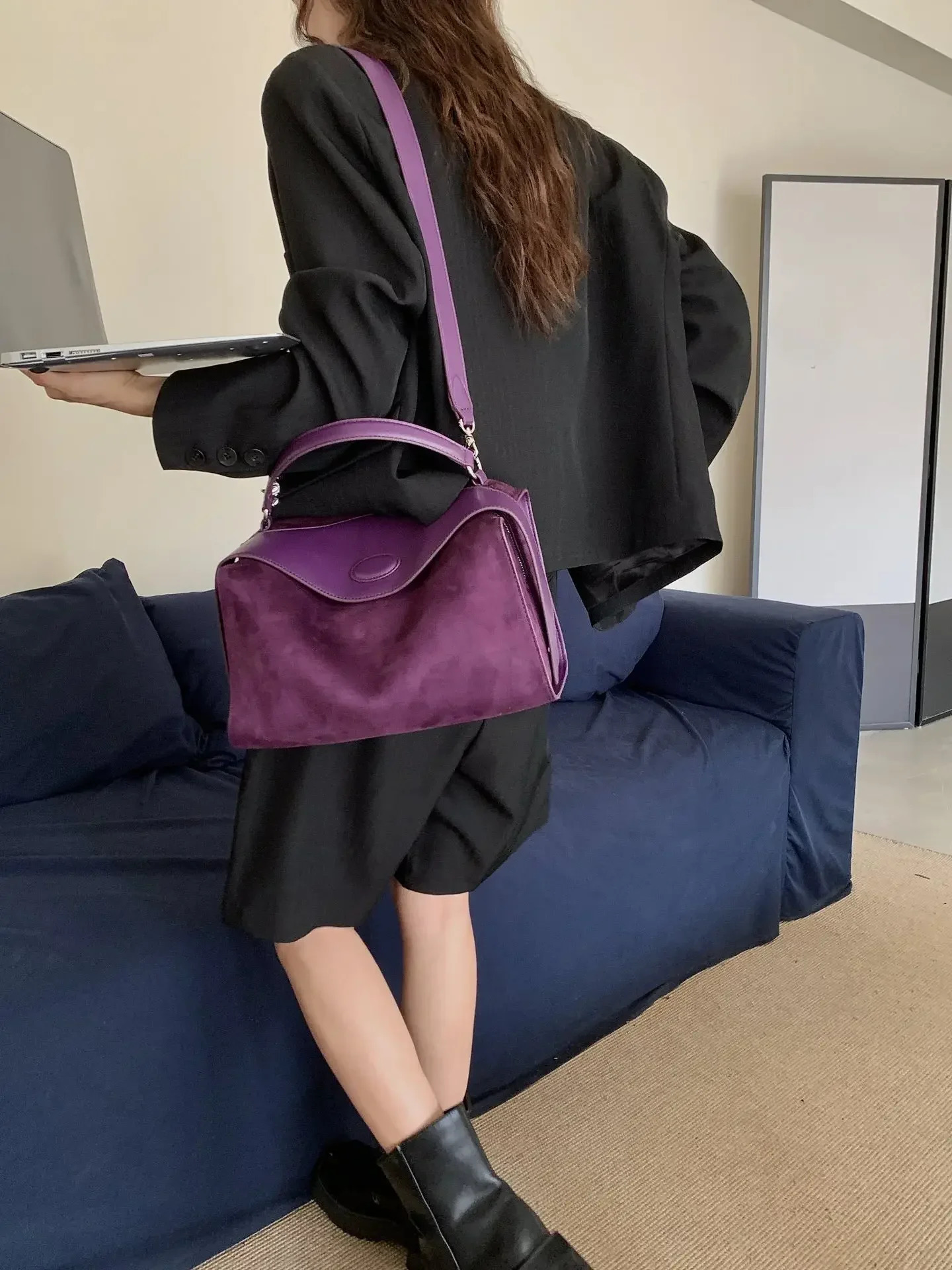 Large Lavender Purple Smooth Velvet Wide Shoulder Strap Womens Shoulder Bag High Quality Winter Suede Leather Womens Handbag 241008