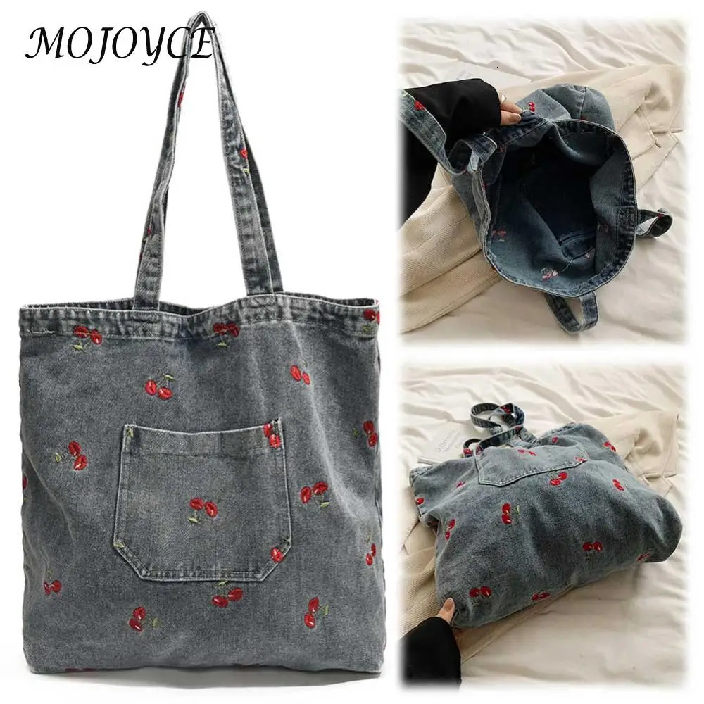 Womens denim shoulder bag simple handbag large capacity fashionable homeless bag cherry pattern retro handbag outdoor travel bag 241008